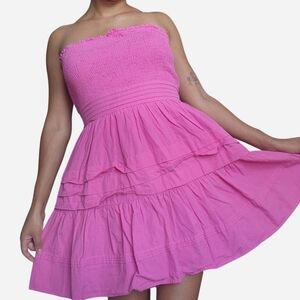 Pink Strapless Cotton Ruffle Dress